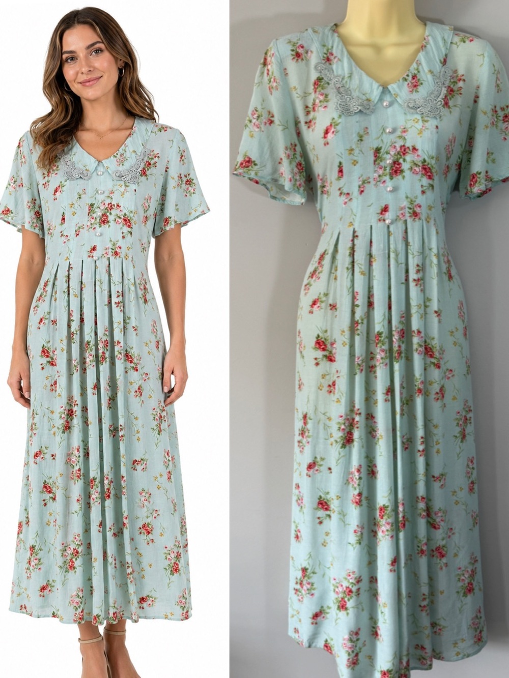 Vintage 90s SMW Style My Way seafoam blue Floral Dress Small Rayon Cottagecore - Picture 14 of 14